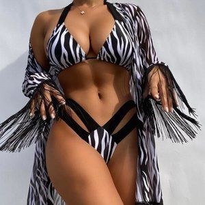 Zebra Print Beach Set, Fringe Mesh Coverup Robe, High Cut Bikini (L-XL)